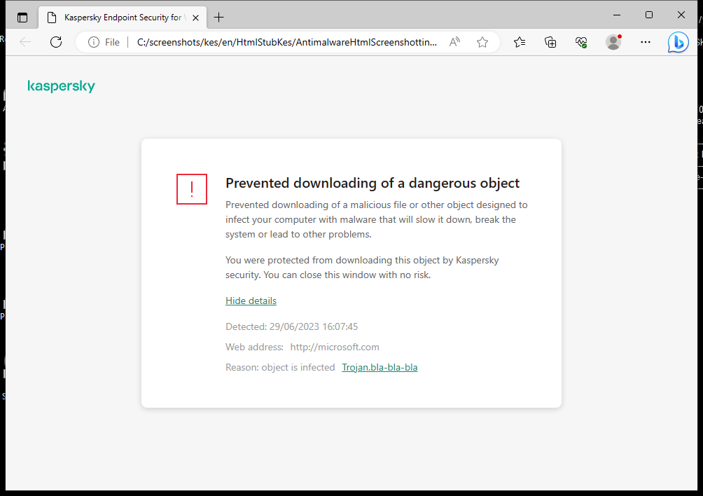 Kaspersky notification about preventing malicious object from loading in the browser window.