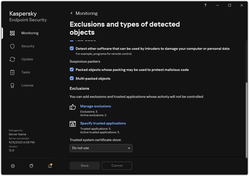 Exclusion settings window. The user can add exclusions and trusted applications.