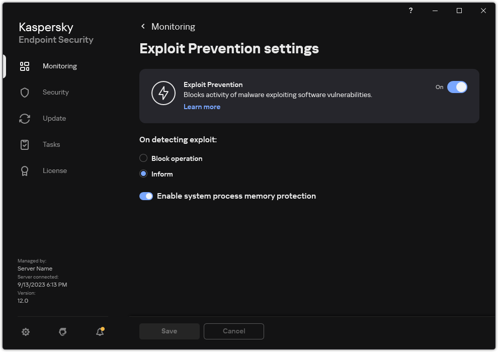 Exploit Prevention settings window