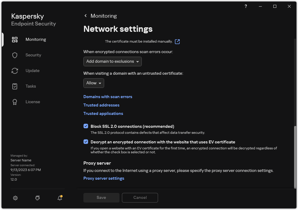 Application network settings window.