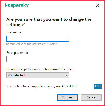 The window contains fields for entering the user name and password. The user can select a time period, during which the application does not prompt for password.