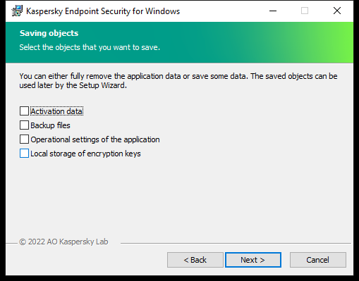 Installer window with a list of objects that can be saved after removing the application.