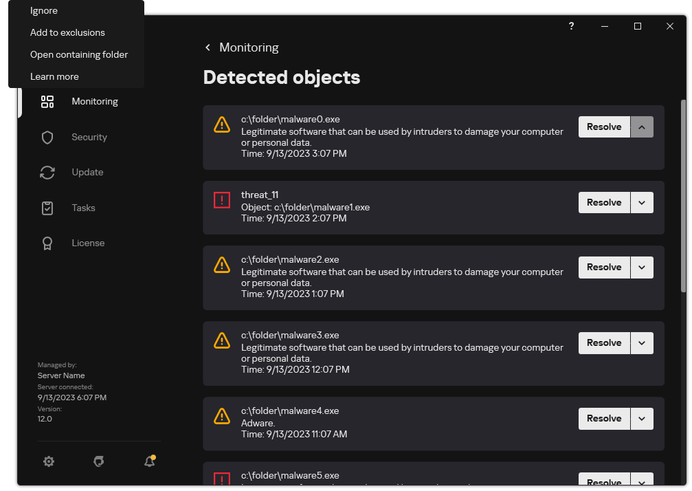 A window with the list of detected objects. Information about the object is displayed. The user can resolve or remove the object.