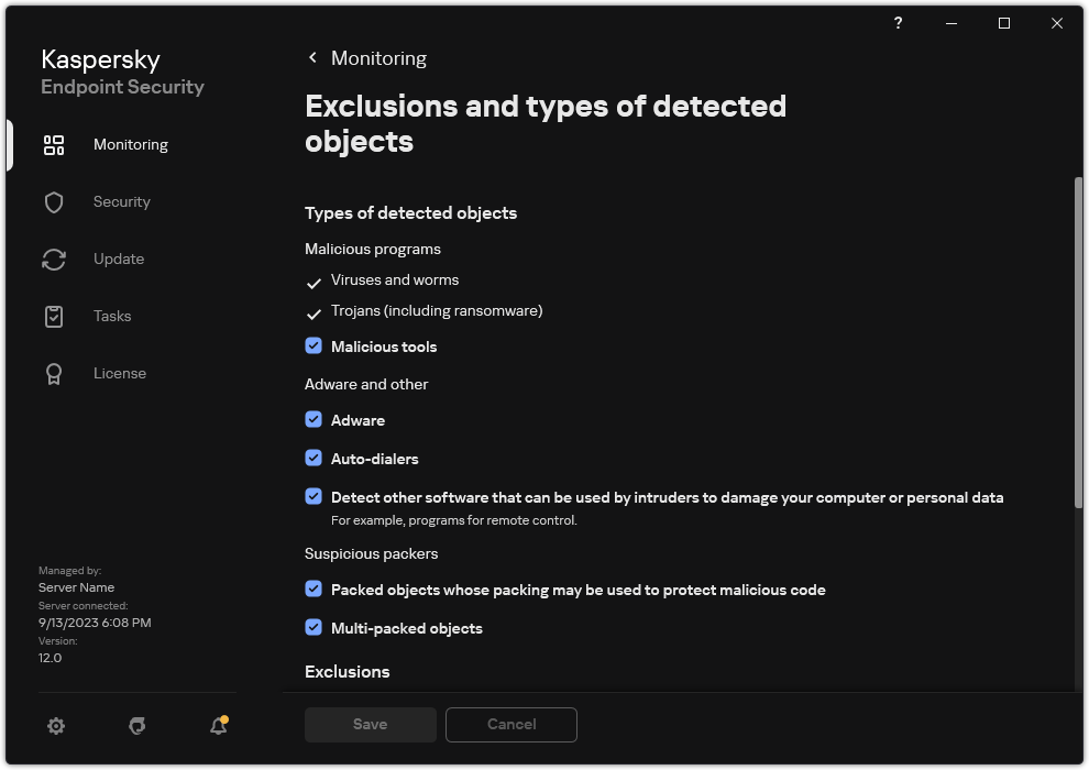 Exclusion settings window. The user can select types of detected objects and add objects to exclusions.