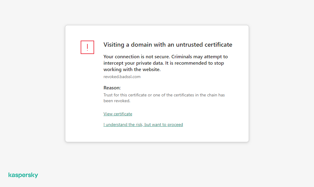 Kaspersky notification about visiting a domain with an untrusted certificate in the browser window. The user can continue working.