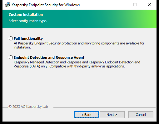 Installer window with configuration of the application: full functionality or Endpoint Detection and Response Agent.