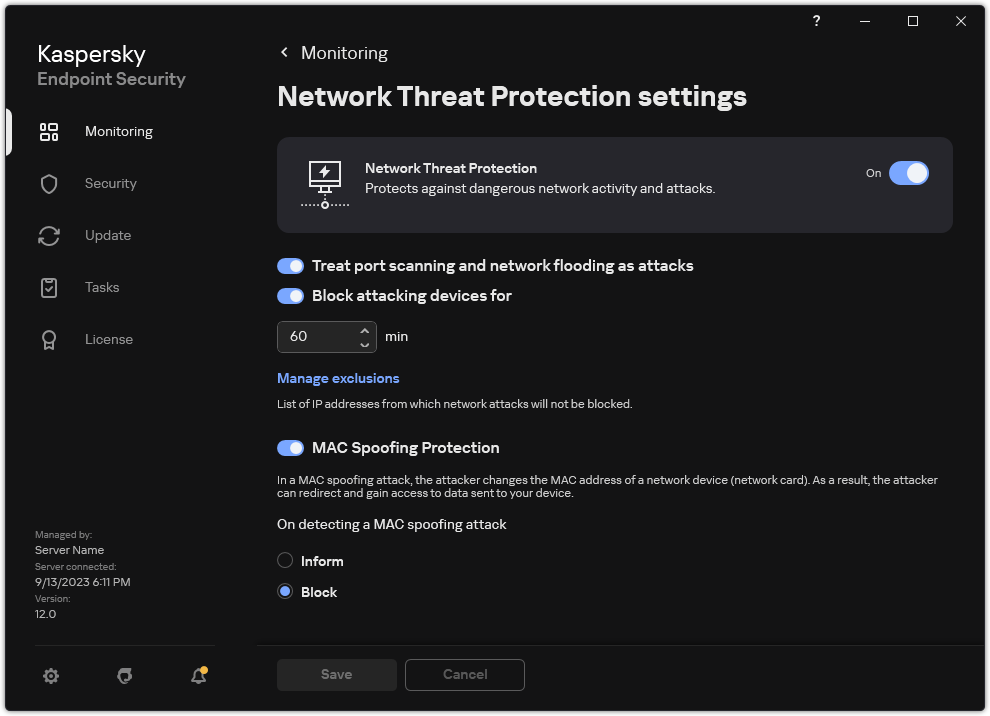 Network Threat Protection settings window