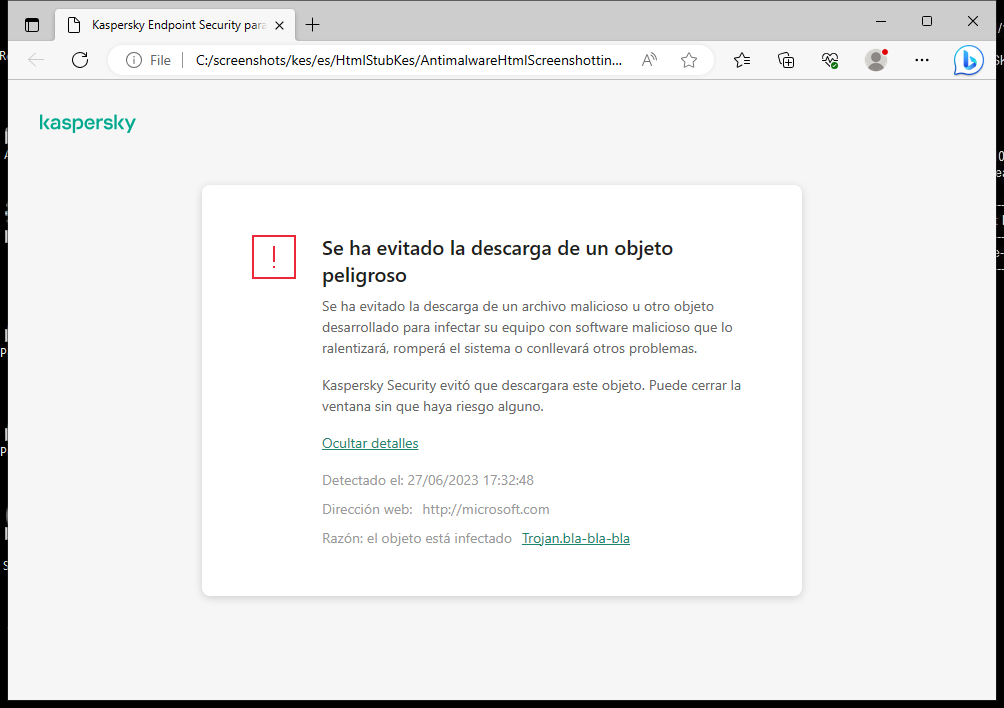 Notificación de Kaspersky sobre cómo evitar que un objeto malicioso se cargue en la ventana del navegador.