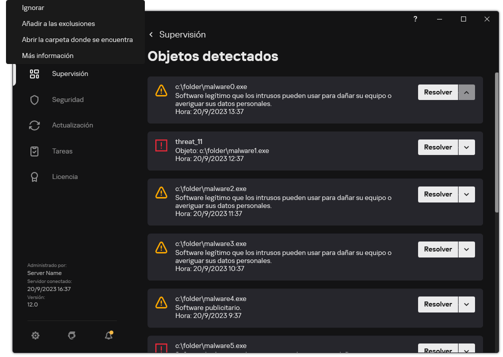 Una ventana con la lista de objetos detectados. Aparece información sobre el objeto. El usuario puede resolver o eliminar el objeto.