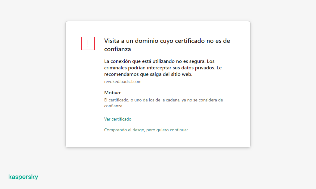 Notificación de Kaspersky sobre la visita a un dominio con un certificado que no es de confianza en la ventana del navegador. El usuario puede seguir trabajando.