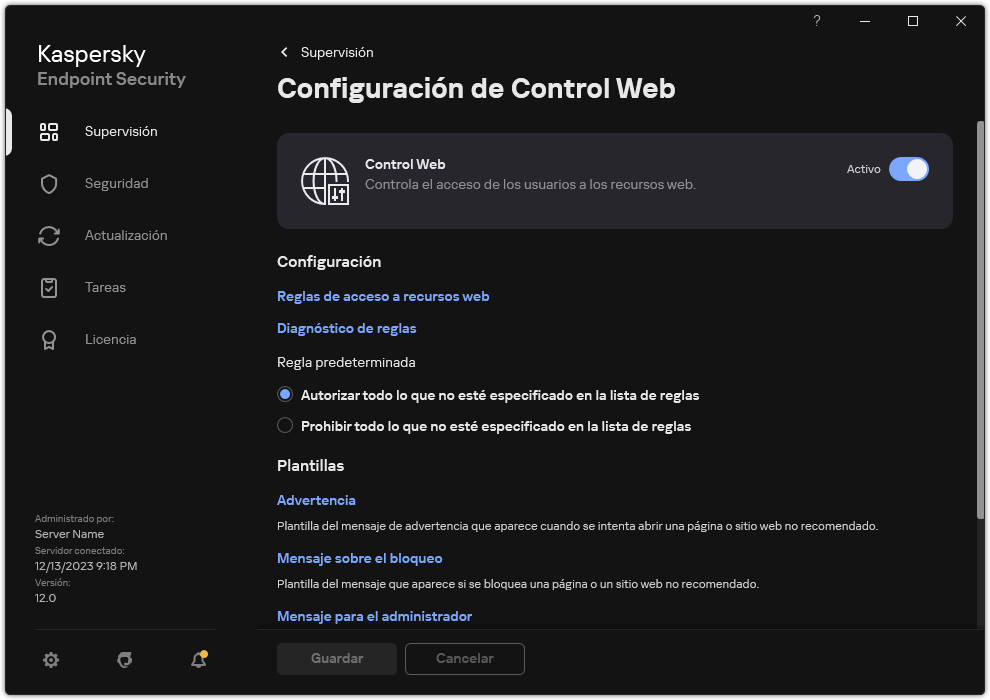 Ventana de configuración de Control Web.