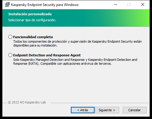 Ventana del instalador con la configuración de la aplicación: funcionalidad completa o Endpoint Detection and Response Agent.
