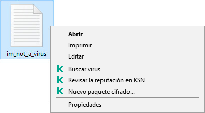 Menú contextual del archivo con elementos de Kaspersky: análisis de malware, verificación de reputación en KSN, creación de un archivo de almacenamiento cifrado.