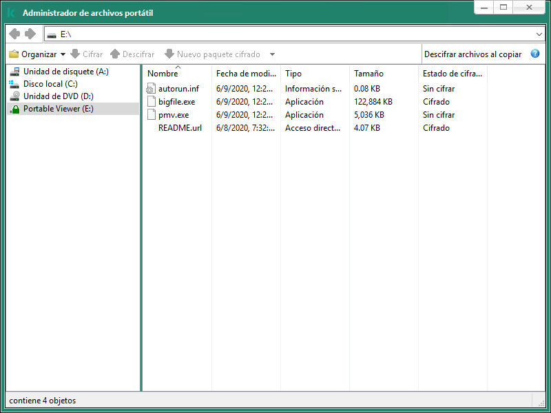 Ventana Administrador de archivos portátil El usuario puede cifrar/descifrar archivos o crear un archivo de almacenamiento cifrado.