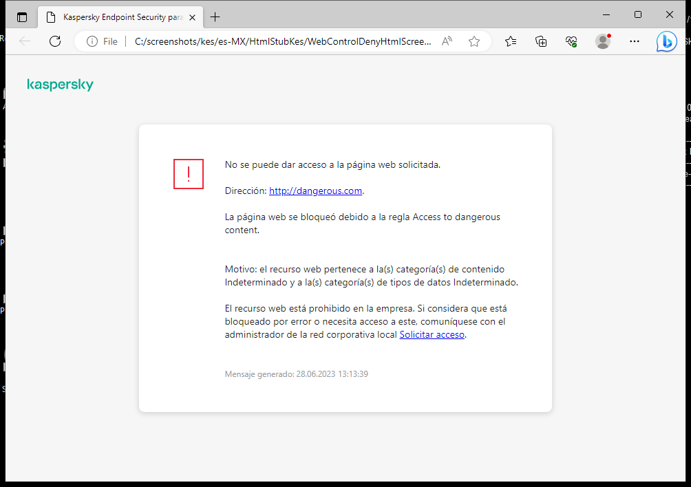 Notificación de Kaspersky sobre el bloqueo del acceso a la página web en la ventana del navegador. El usuario puede crear una solicitud para acceder al recurso web.