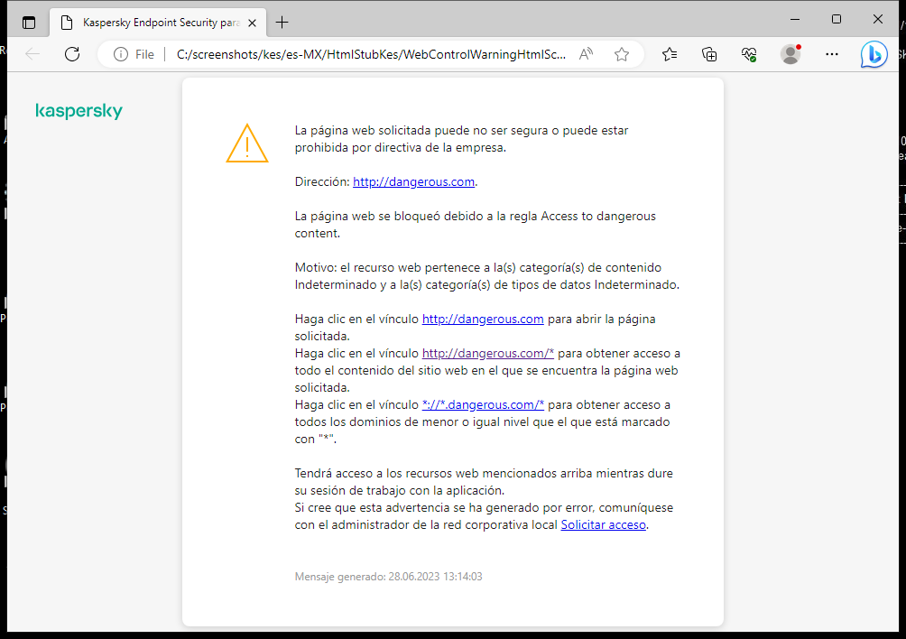 Notificación de Kaspersky sobre la visita a una página web posiblemente insegura en la ventana del navegador. El usuario puede crear una solicitud para acceder al recurso web.