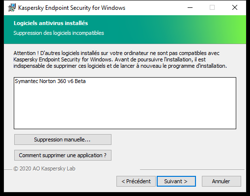 La fenêtre de l'installateur avec une liste de logiciels incompatibles. L'utilisateur peut lancer la suppression des logiciels incompatibles.