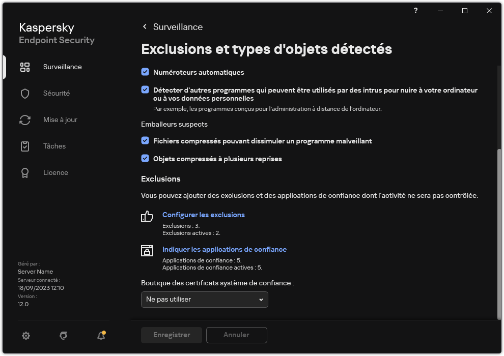Fenêtre des paramètres d'exclusion. L'utilisateur peut ajouter des exclusions et des applications de confiance.