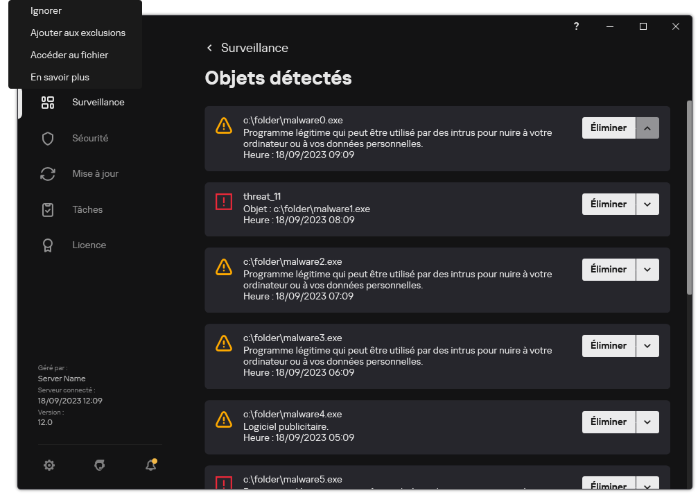 Une fenêtre avec la liste des objets détectés. Les informations sur l'objet s'affichent. L'utilisateur peut résoudre ou supprimer l'objet.
