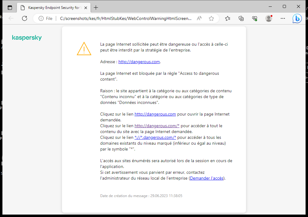 Notification de Kaspersky concernant la visite d'une page Internet potentiellement non sécurisée dans la fenêtre du navigateur. L'utilisateur peut créer une demande d'accès à la ressource Internet.