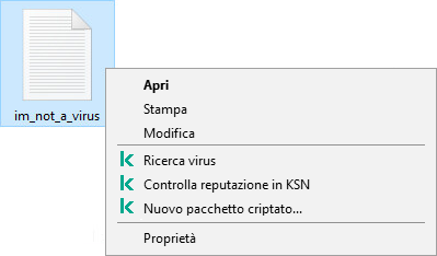 Menu di scelta rapida del file con gli elementi di Kaspersky: scansione malware, verifica della reputazione in KSN, creazione di un archivio criptato.