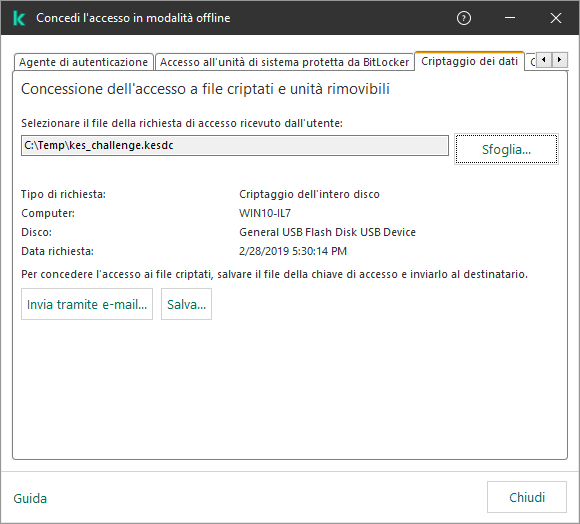 La finestra contiene un campo per la selezione del file di richiesta di accesso. L'utente può salvare il file della chiave di accesso generato su disco o inviarlo via e-mail.