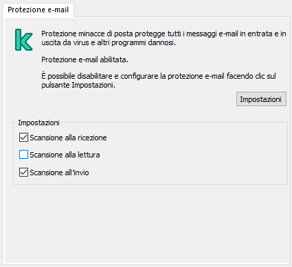 Estensione di Kaspersky per la finestra di Outlook. L'utente può configurare i messaggi da analizzare quando ricevuti, letti o inviati.
