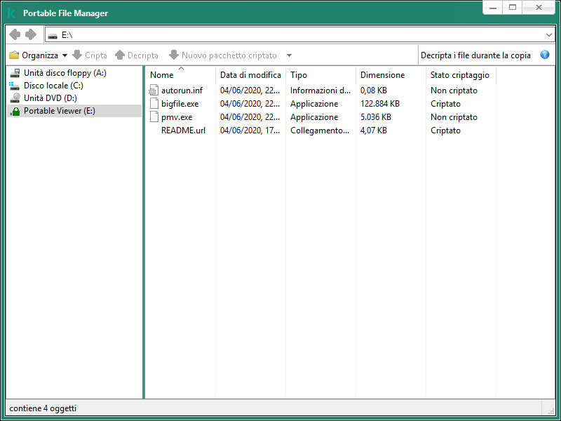 Finestra Portable File Manager. L'utente può criptare/decriptare i file o creare un archivio criptato.