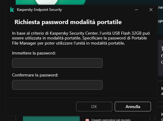 La finestra contiene i campi per l'immissione e la conferma della password.