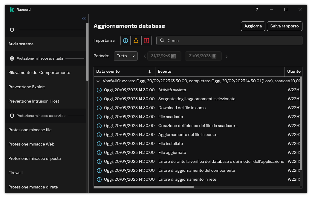 Una finestra con l'elenco degli eventi nel rapporto. L'utente può filtrare/ordinare gli eventi e salvare i rapporti in un file.