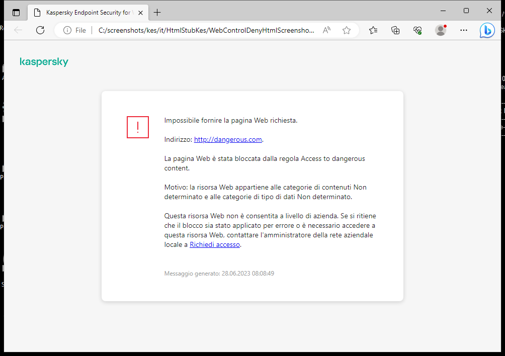 Notifica di Kaspersky relativa al blocco dell'accesso alla pagina Web nella finestra del browser. L'utente può creare una richiesta per accedere alla risorsa Web.