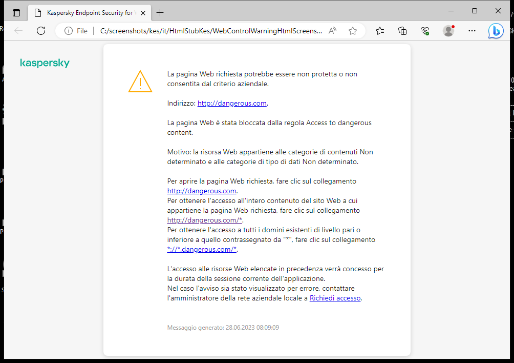 Notifica di Kaspersky relativa alla visita di una pagina Web potenzialmente non sicura nella finestra del browser. L'utente può creare una richiesta per accedere alla risorsa Web.
