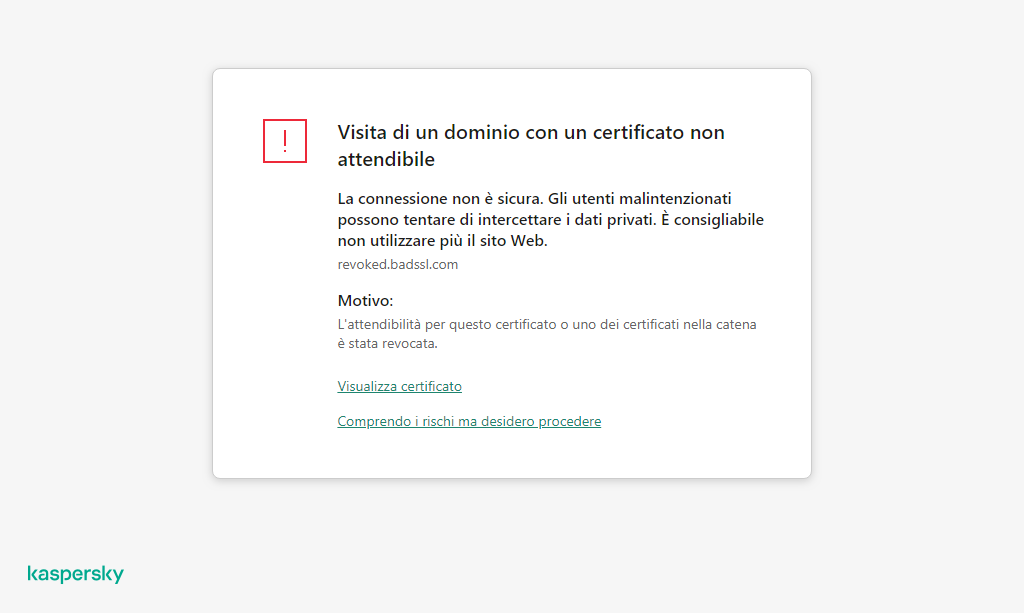 Notifica di Kaspersky sulla visita a un dominio con un certificato non attendibile nella finestra del browser. L'utente può continuare a lavorare.