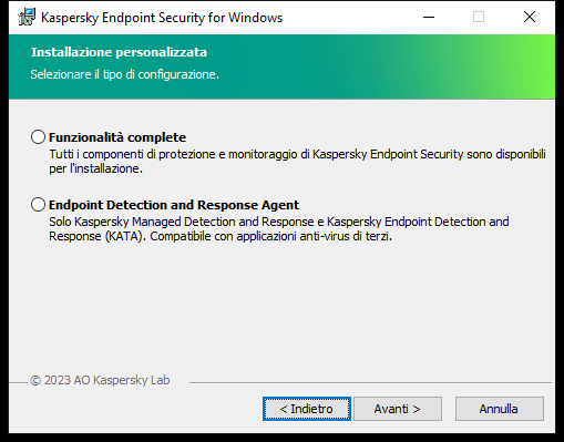 Finestra del programma di installazione con configurazione dell'applicazione: funzionalità complete o Endpoint Detection and Response Agent.