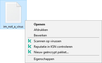 Bestandscontextmenu met Kaspersky-items: malwarescan, reputatie in KSN controleren, een versleuteld archief maken.