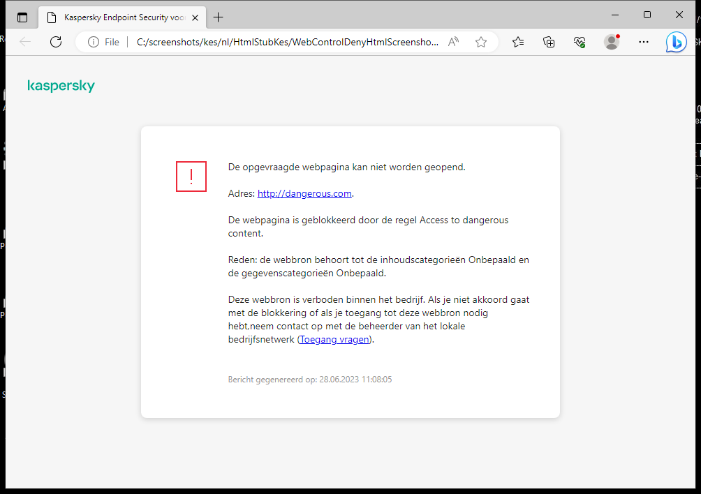 Kaspersky-melding over het blokkeren van de toegang tot de webpagina in het browservenster. De gebruiker kan een verzoek maken om de webbron te openen.