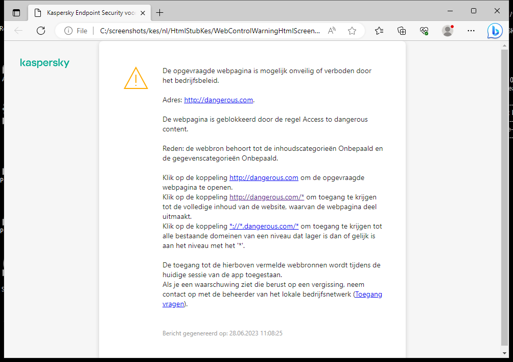 Kaspersky-melding over het bezoeken van een mogelijk onveilige webpagina in het browservenster. De gebruiker kan een verzoek maken om de webbron te openen.