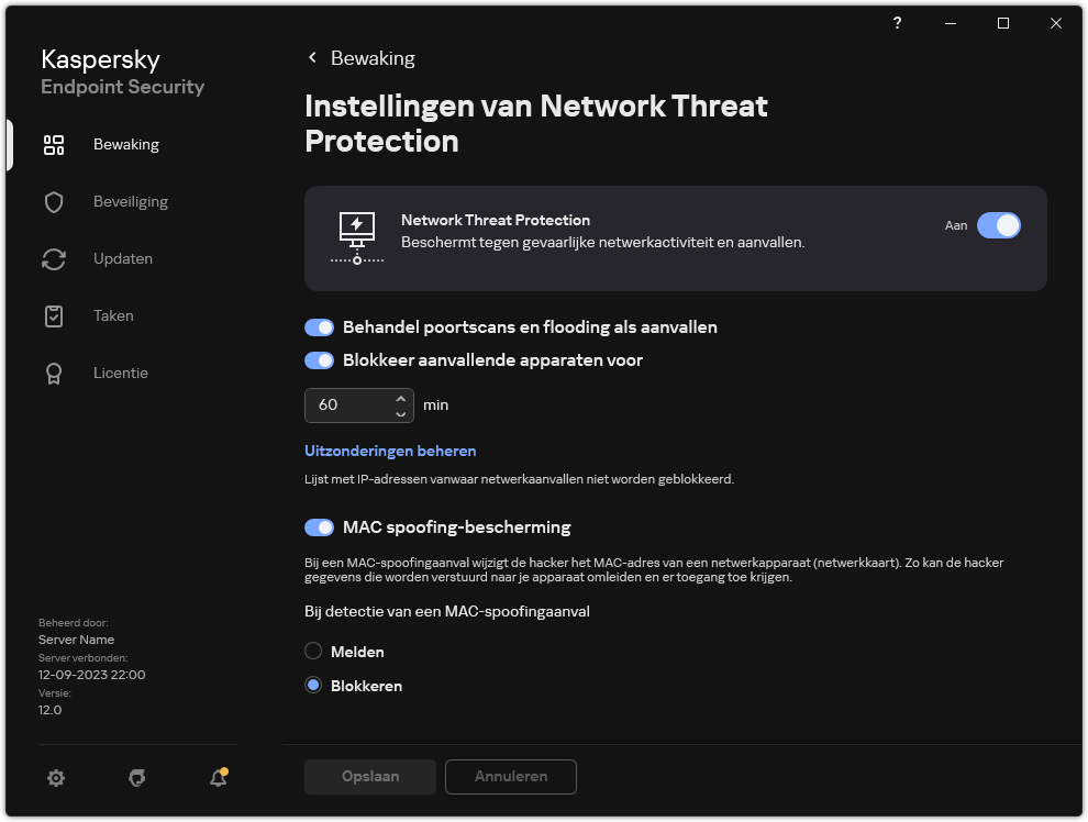 Network Threat Protection instellingenvenster