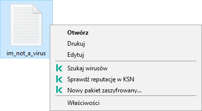 Menu kontekstowe plików z elementami Kaspersky: skanowanie w poszukiwaniu złośliwego oprogramowania, sprawdzanie reputacji w KSN, tworzenie zaszyfrowanego archiwum.