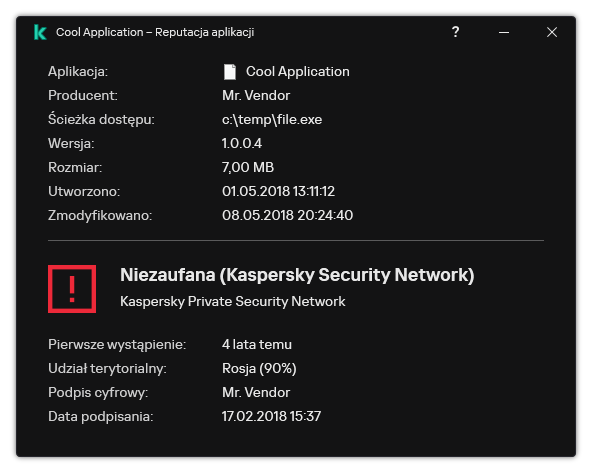 Okno zawiera informacje o reputacji pliku oraz inne dane, takie jak obecność podpisu cyfrowego.