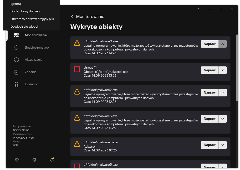 Okno z listą wykrytych obiektów. Wyświetlane są informacje o obiekcie. Użytkownik może rozwiązać lub usunąć obiekt.