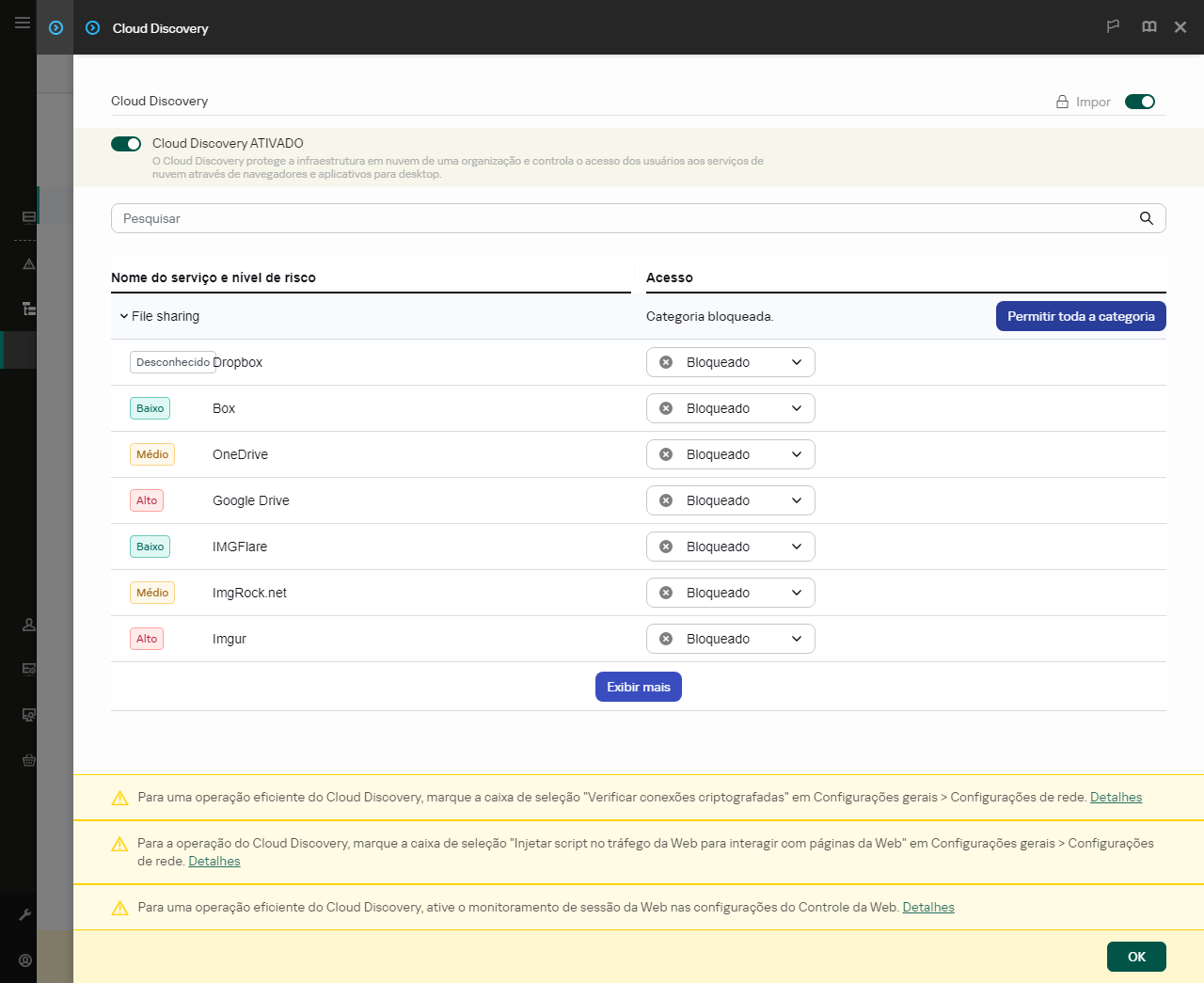 Janela de configurações do Cloud Discovery. O usuário pode configurar o acesso do usuário a serviços na nuvem.