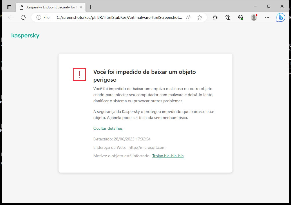 Notificação da Kaspersky sobre impedir que objetos maliciosos sejam carregados na janela do navegador.