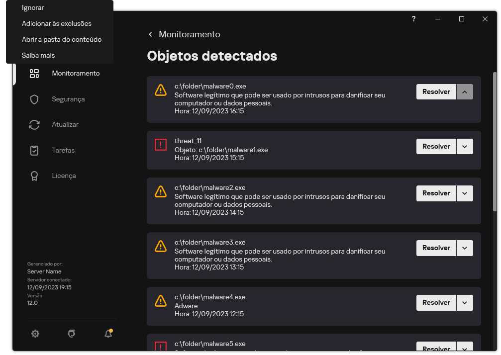 Uma janela com a lista de objetos detectados. As informações sobre o objeto são exibidas. O usuário pode resolver ou remover o objeto.