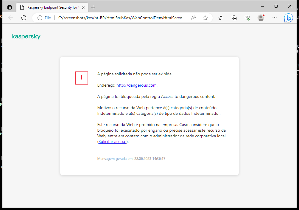 Notificação da Kaspersky sobre o bloqueio de acesso à página da Web na janela do navegador. O usuário pode criar uma solicitação para acessar o recurso da Web.