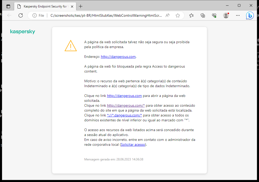 Notificação da Kaspersky sobre a visita a uma página da Web possivelmente insegura na janela do navegador. O usuário pode criar uma solicitação para acessar o recurso da Web.