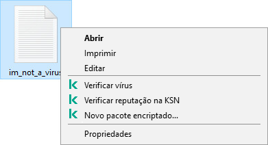 Menu de contexto do ficheiro com itens Kaspersky: verificação de software malicioso, verificação de reputação no KSN, criação de um ficheiro encriptado.