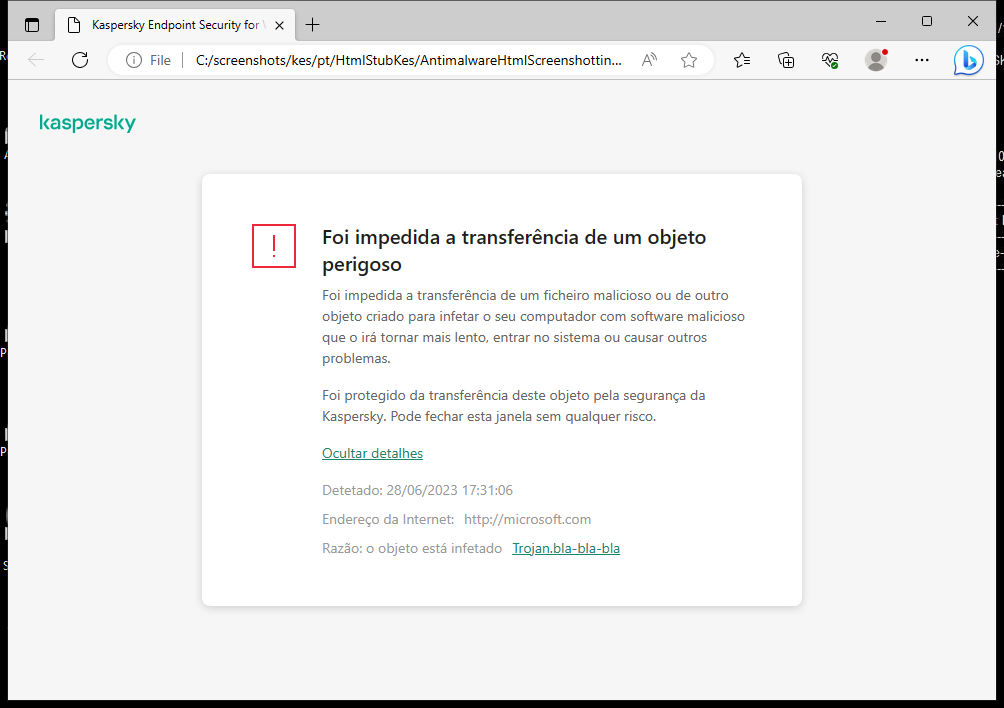 Notificação da Kaspersky sobre como impedir que objetos maliciosos sejam carregados na janela do navegador.