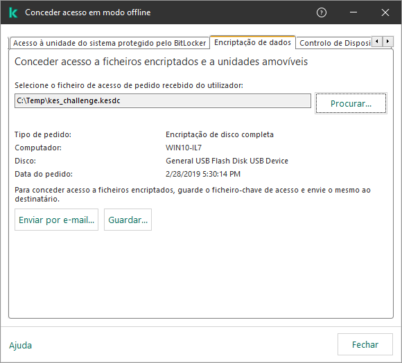 A janela contém um campo para selecionar o ficheiro de pedido de acesso. O utilizador pode guardar o ficheiro-chave de acesso gerado no disco ou enviá-lo por e-mail.