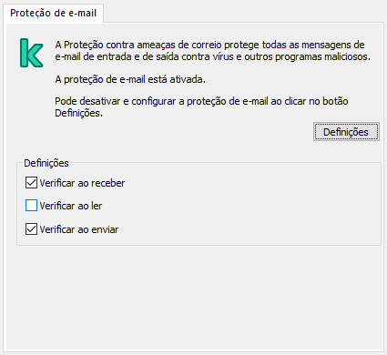 Extensão da Kaspersky para a janela do Outlook. O utilizador pode configurar mensagens para serem verificadas quando são recebidas, lidas ou enviadas.